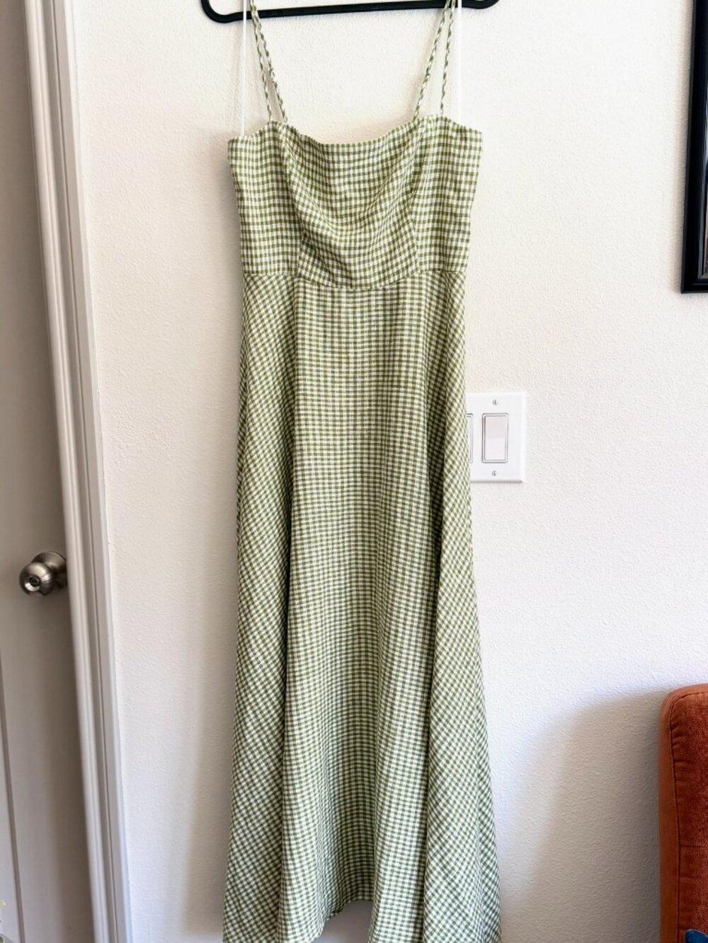 Reformation Monette Linen Dress - Size 4 - Avocado Check - Picture 5 of 11
